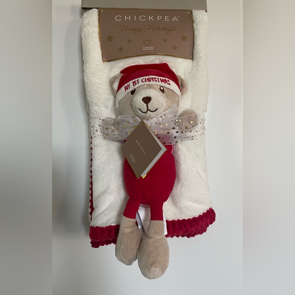 Chick Pea Baby Blanket 1st Christmas W Bear Plush 2 Pc Set 30x36 NEW Great Gift